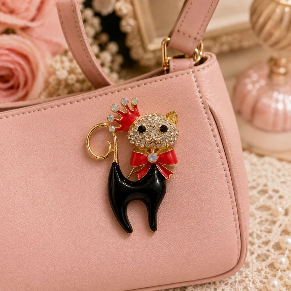 Cat Brooch Pin, Rhinestone Crown Kitty, Red Bow Black Enamel, Whimsical Jewelry